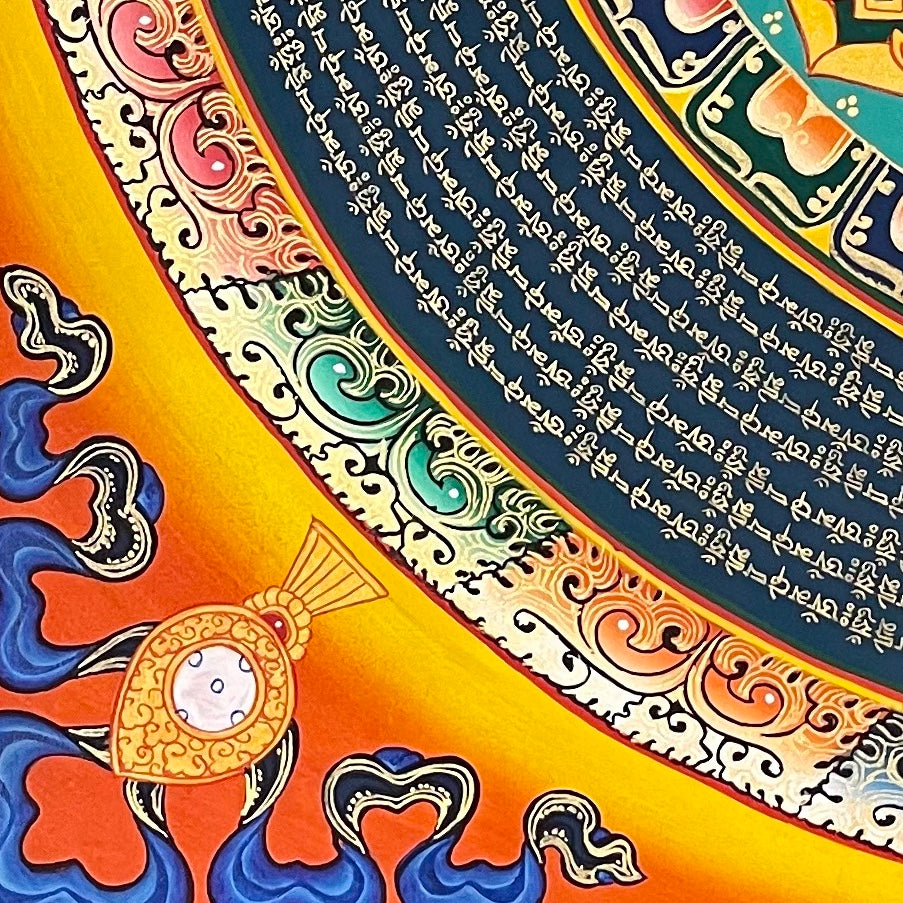 Mantra Mandala thangka, detail: bottom-left corner