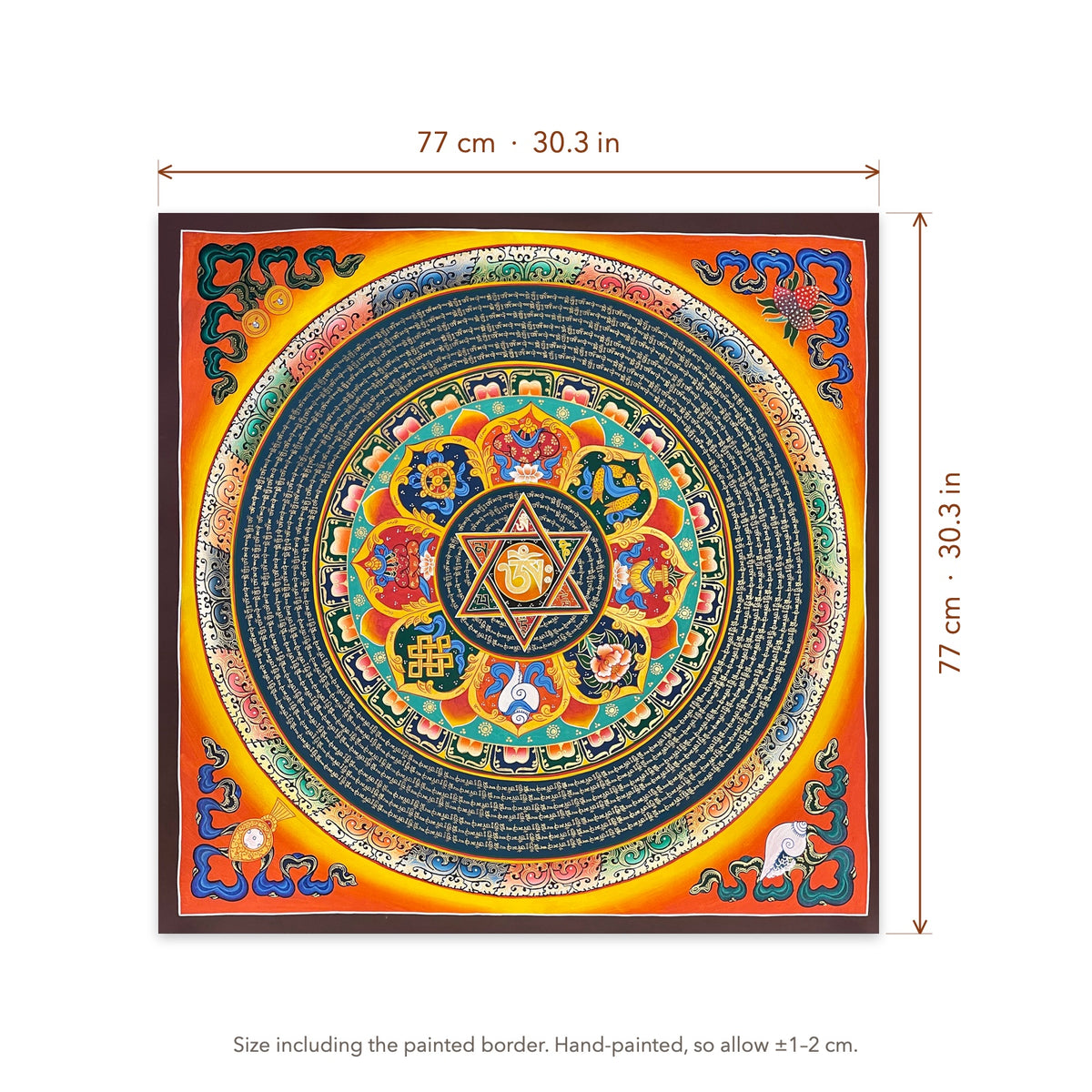 Size diagram: 77 × 77 cm (30.3 × 30.3 in), including the painted border