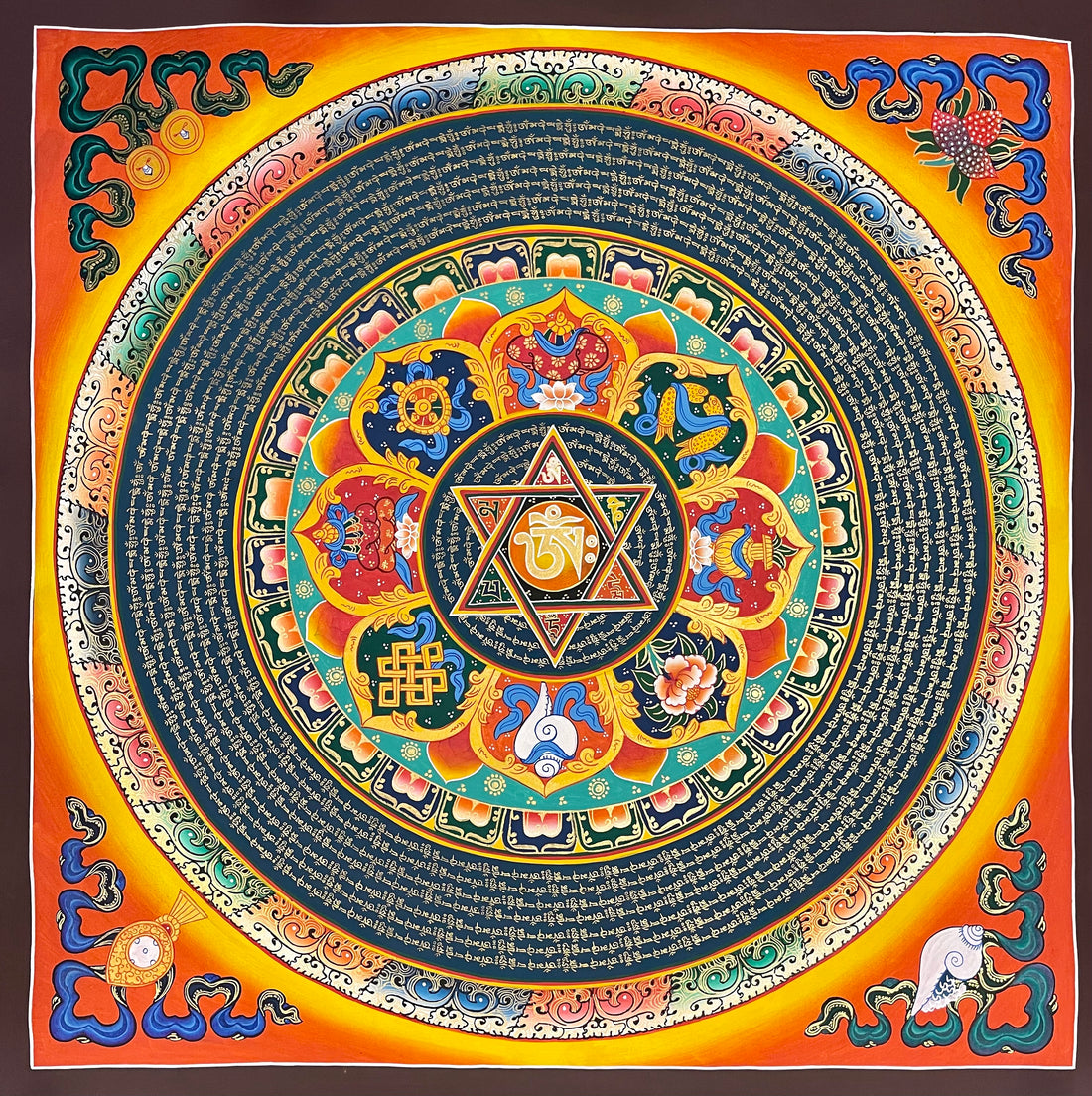 Mantra Mandala thangka, 77×77 cm: a mantra mandala with the eight auspicious symbols in lotus petals around a six-pointed star, on orange