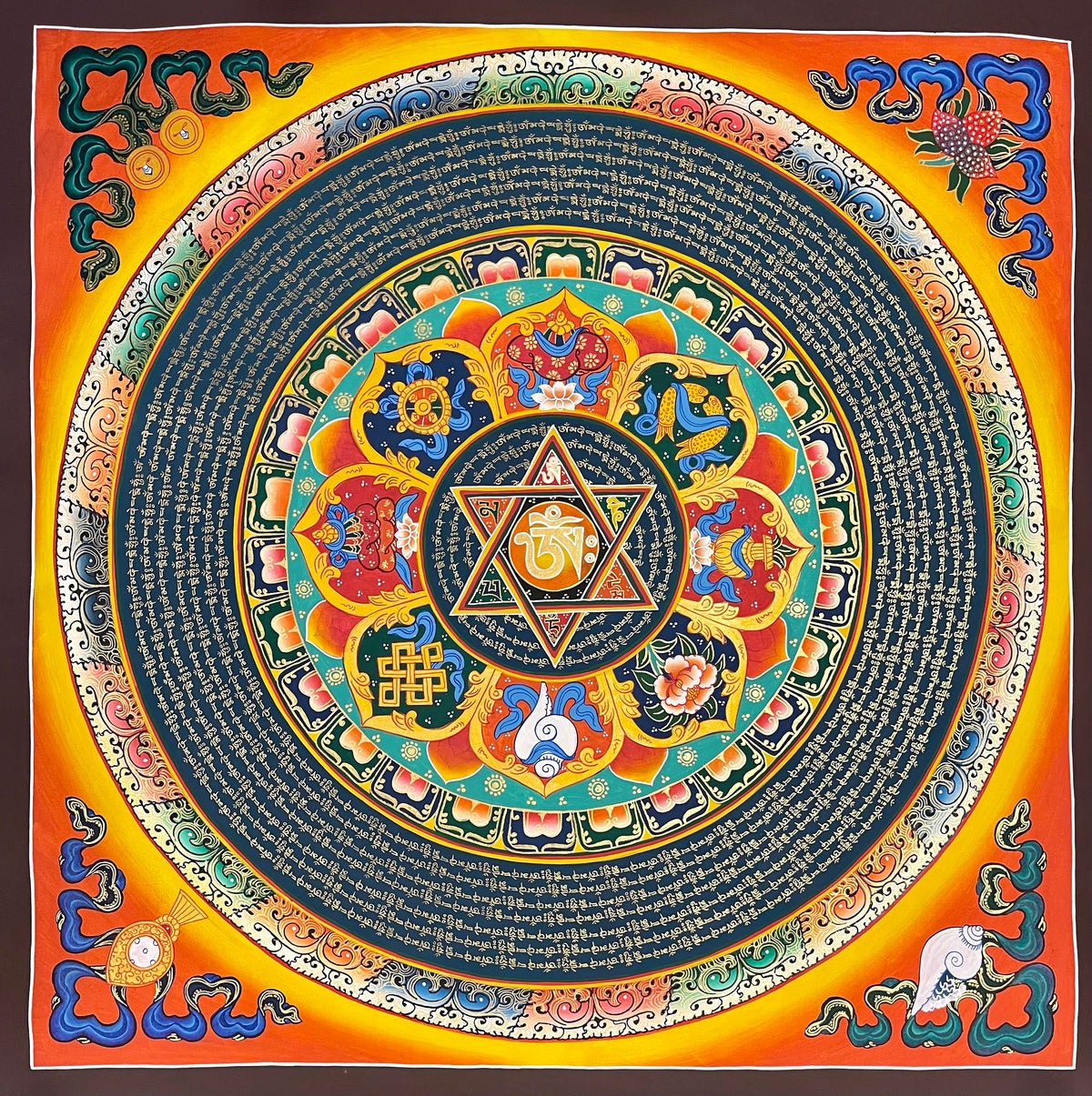 Mantra Mandala thangka, 77×77 cm: a mantra mandala with the eight auspicious symbols in lotus petals around a six-pointed star, on orange