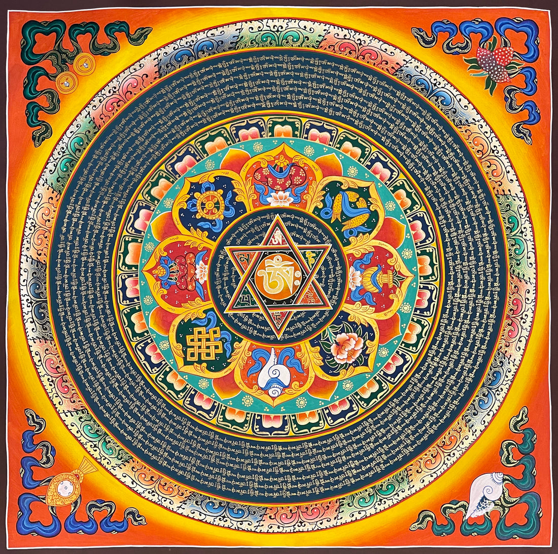 Mantra Mandala thangka, 77×77 cm: a mantra mandala with the eight auspicious symbols in lotus petals around a six-pointed star, on orange