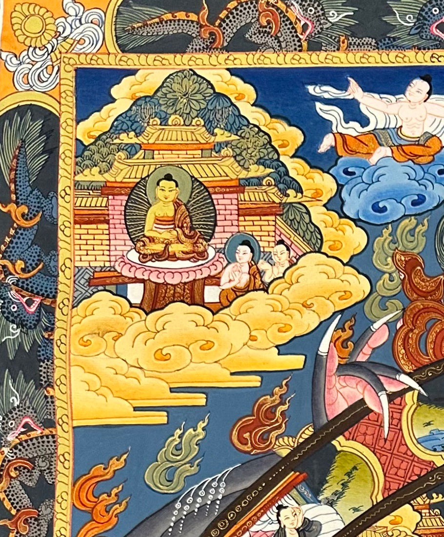 Wheel of Life thangka, detail: top-left corner