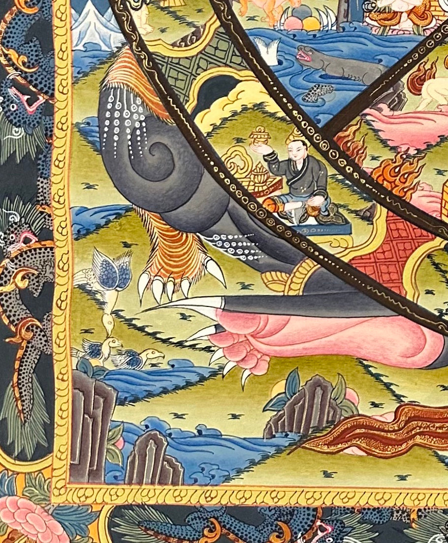 Wheel of Life thangka, detail: bottom-left corner