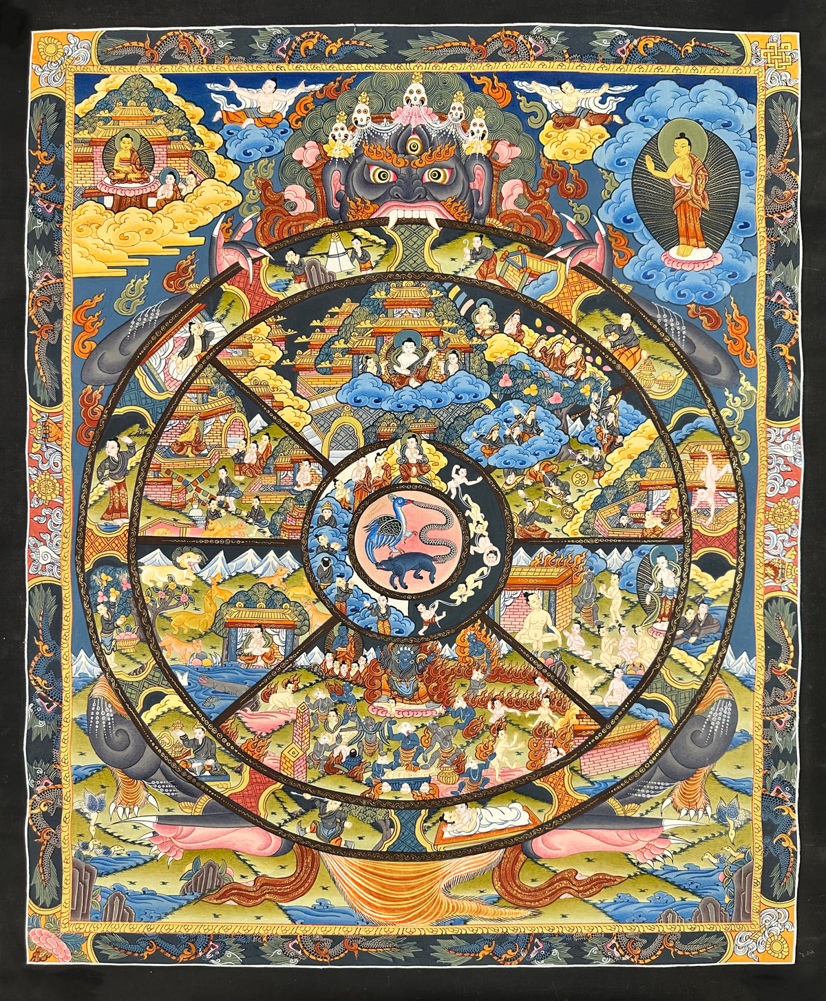 Wheel of Life thangka, 55×66 cm: dark Yama holding the Wheel of Life, framed by a border of dragons
