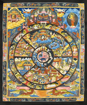 Wheel of Life thangka, 55×66 cm: dark Yama holding the Wheel of Life, framed by a border of dragons
