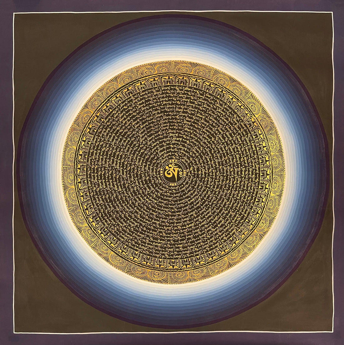 Mantra Mandala thangka, 76×76 cm: rings of gold-coloured mantra script on black around a central Om, inside a halo shading from white to blue