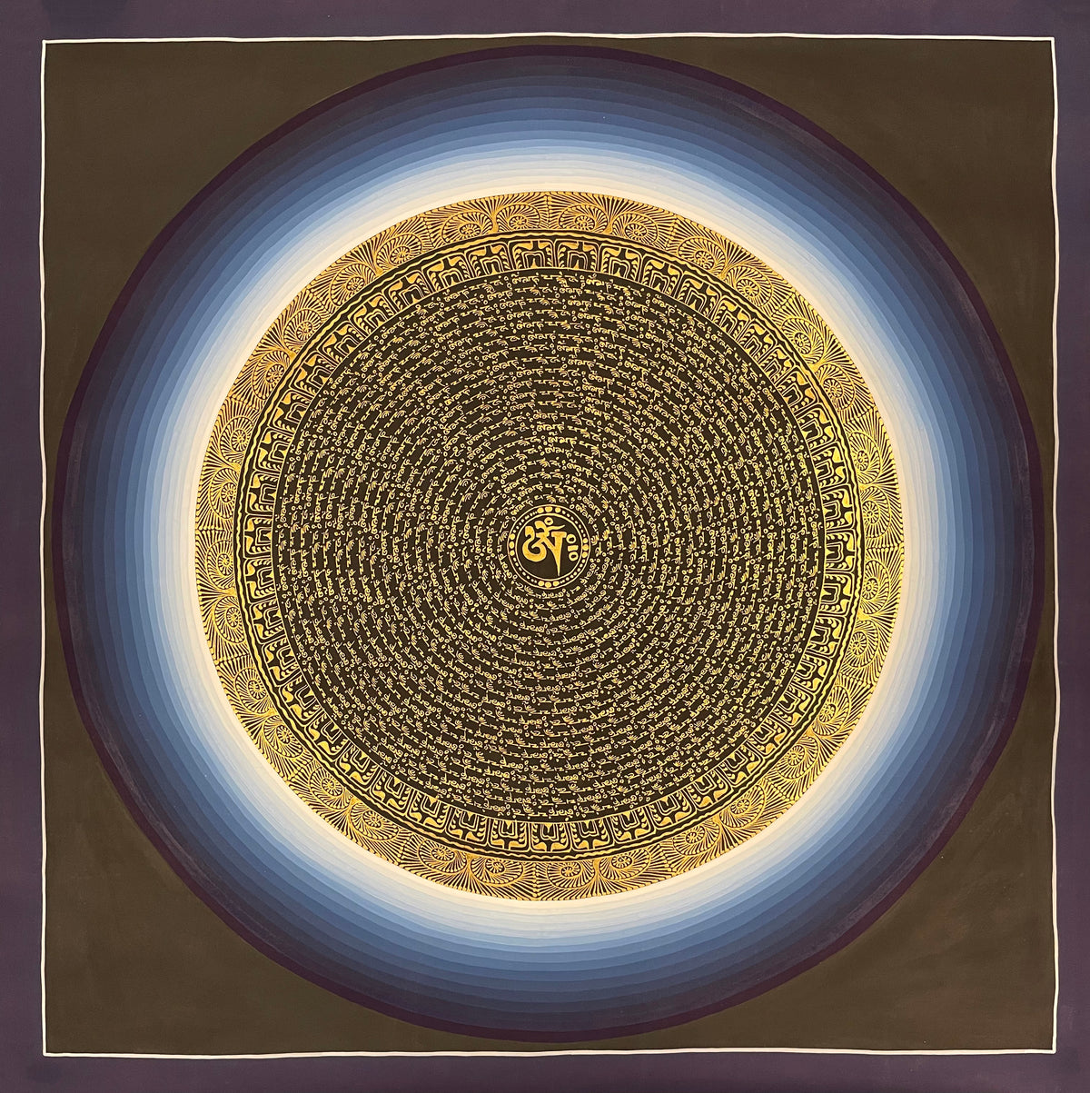 Mantra Mandala thangka, 76×76 cm: rings of gold-coloured mantra script on black around a central Om, inside a halo shading from white to blue