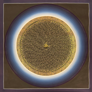Mantra Mandala thangka, 76×76 cm: rings of gold-coloured mantra script on black around a central Om, inside a halo shading from white to blue