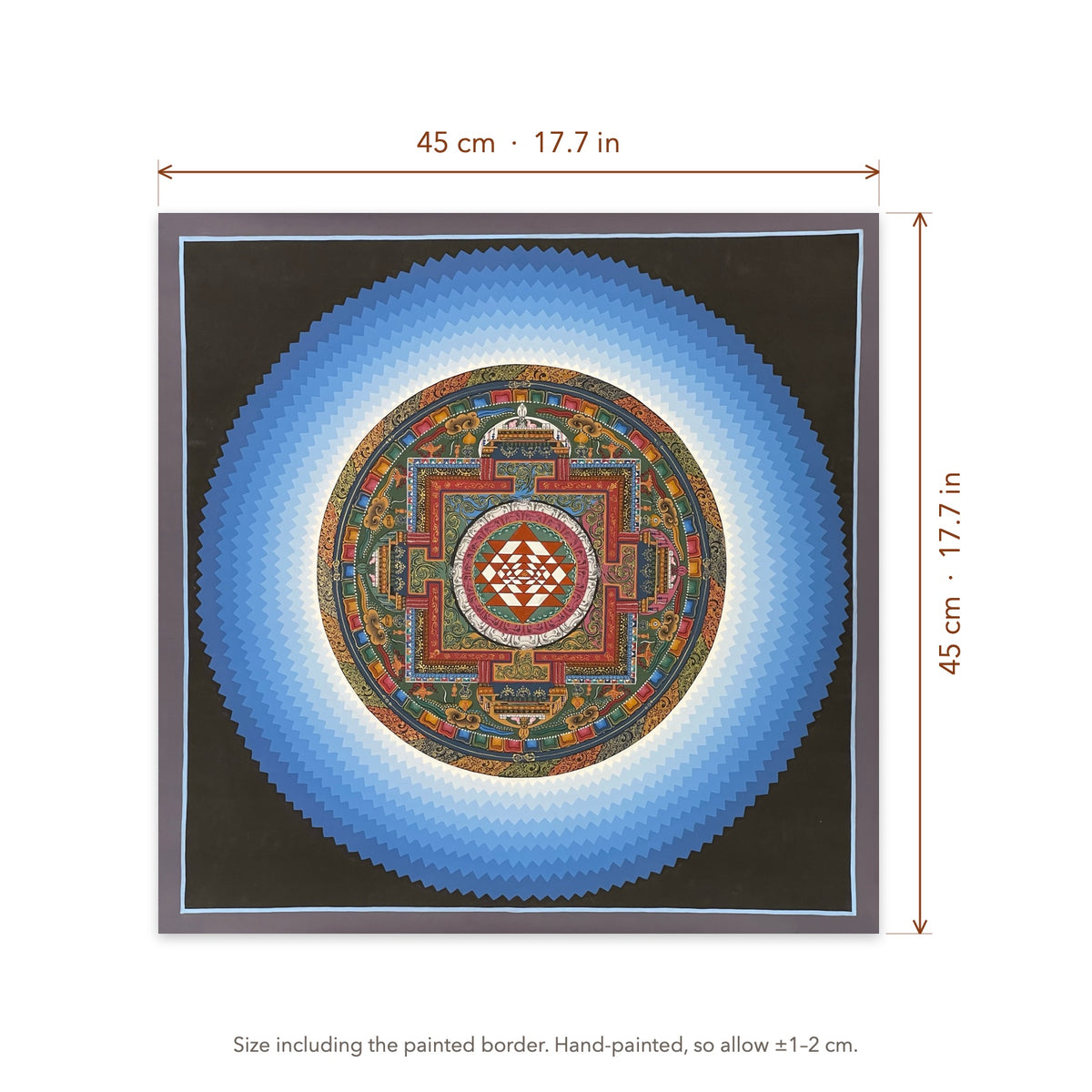 Size diagram: 45 × 45 cm (17.7 × 17.7 in), including the painted border