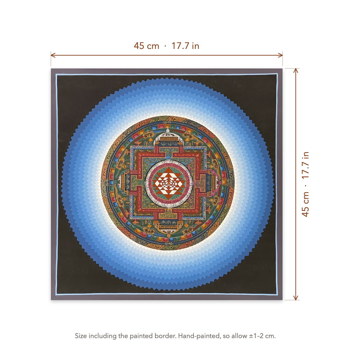 Size diagram: 45 × 45 cm (17.7 × 17.7 in), including the painted border