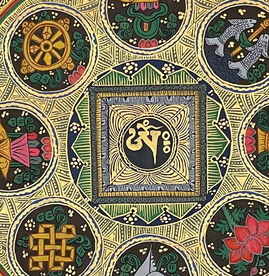 Mantra Mandala thangka, 76×76 cm: a mantra mandala with the eight auspicious symbols around a central syllable, on deep blue with a sun-ray border