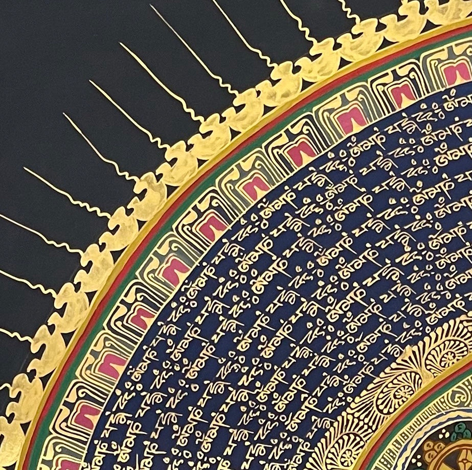 Mantra Mandala thangka, detail: top-left corner