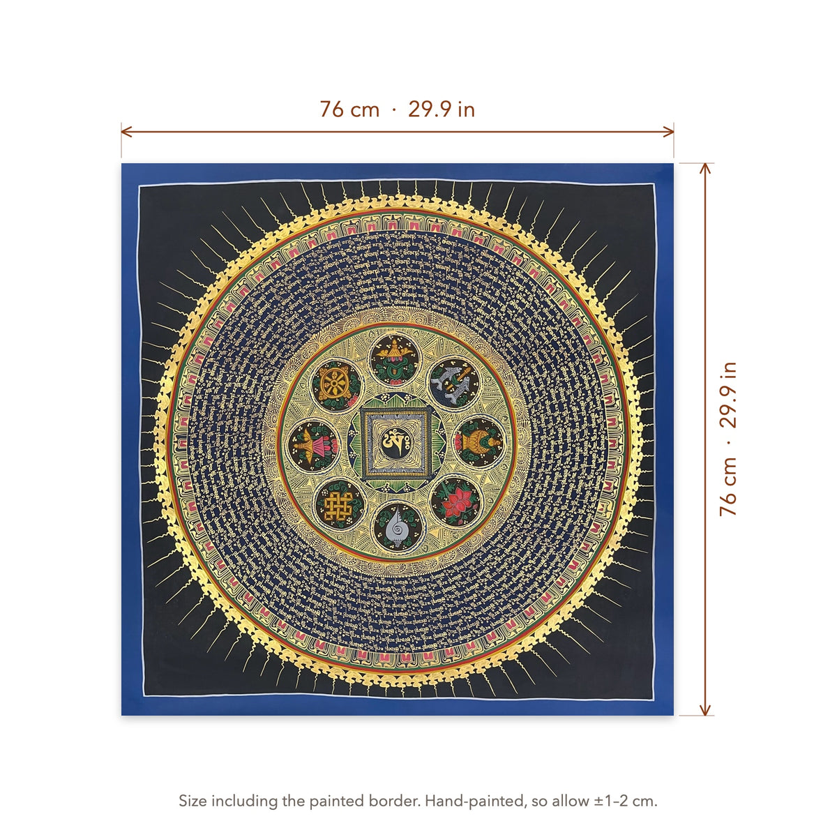 Size diagram: 76 × 76 cm (29.9 × 29.9 in), including the painted border