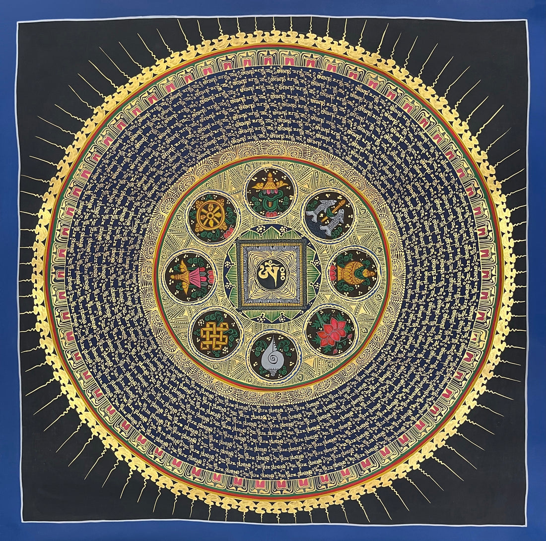 Mantra Mandala thangka, 76×76 cm: a mantra mandala with the eight auspicious symbols around a central syllable, on deep blue with a sun-ray border
