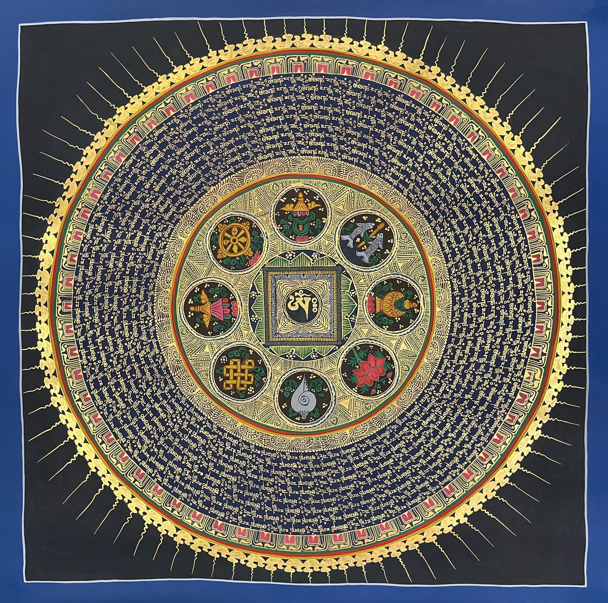 Mantra Mandala thangka, 76×76 cm: a mantra mandala with the eight auspicious symbols around a central syllable, on deep blue with a sun-ray border