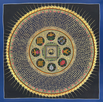 Mantra Mandala thangka, 76×76 cm: a mantra mandala with the eight auspicious symbols around a central syllable, on deep blue with a sun-ray border