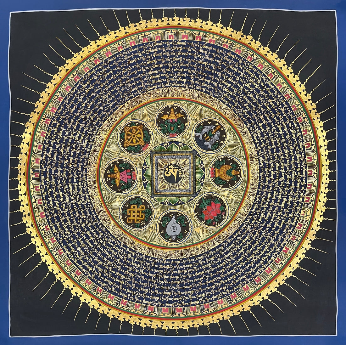 Mantra Mandala thangka, 76×76 cm: a mantra mandala with the eight auspicious symbols around a central syllable, on deep blue with a sun-ray border