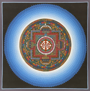 Sri Yantra Mandala thangka, 45×45 cm: the Sri Yantra inside a palace mandala, surrounded by stepped blue rays on black
