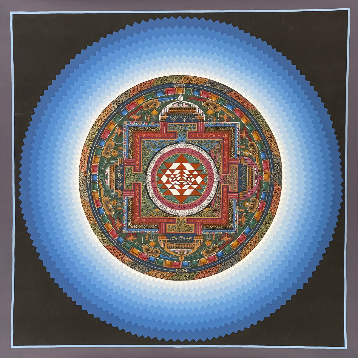Sri Yantra Mandala thangka, 45×45 cm: the Sri Yantra inside a palace mandala, surrounded by stepped blue rays on black