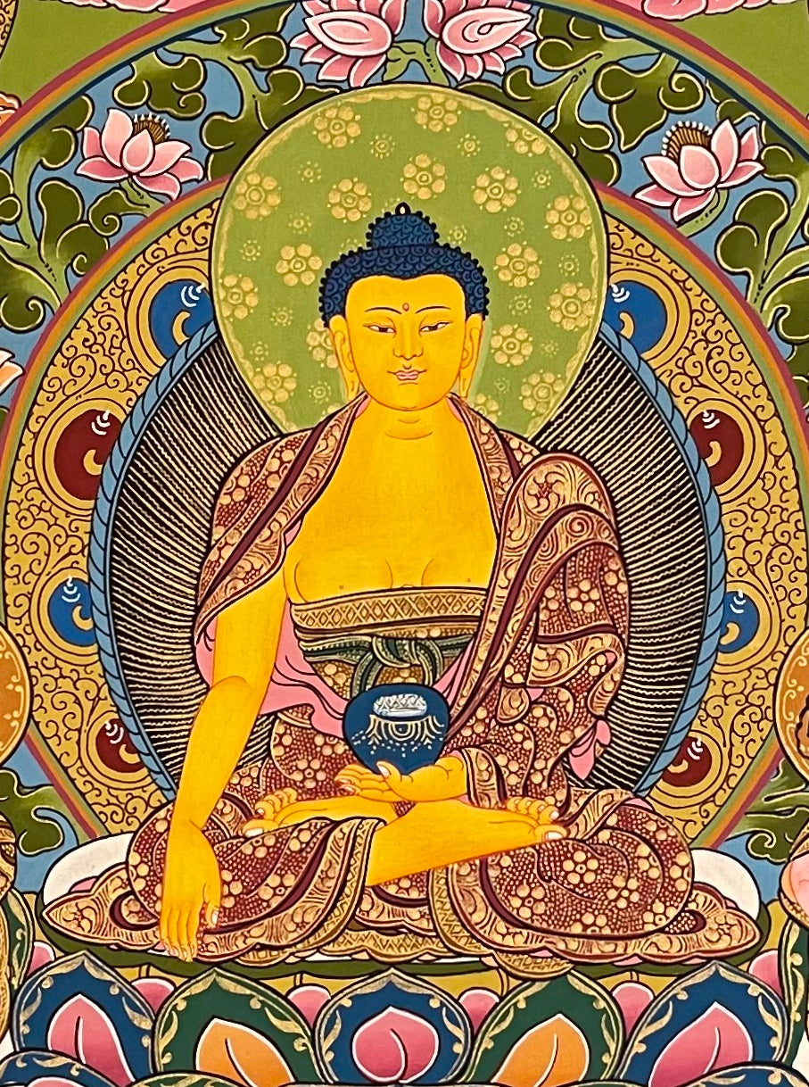 Shakyamuni Buddha thangka, detail: centre