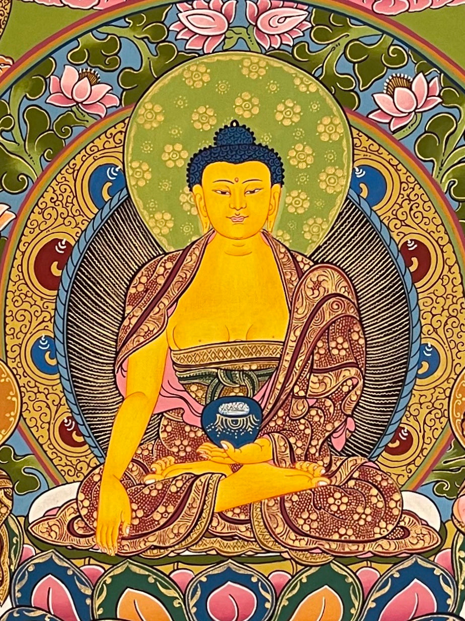 Shakyamuni Buddha thangka, 56×74 cm: Shakyamuni with two disciples inside two rings of small Buddhas, beneath a tree