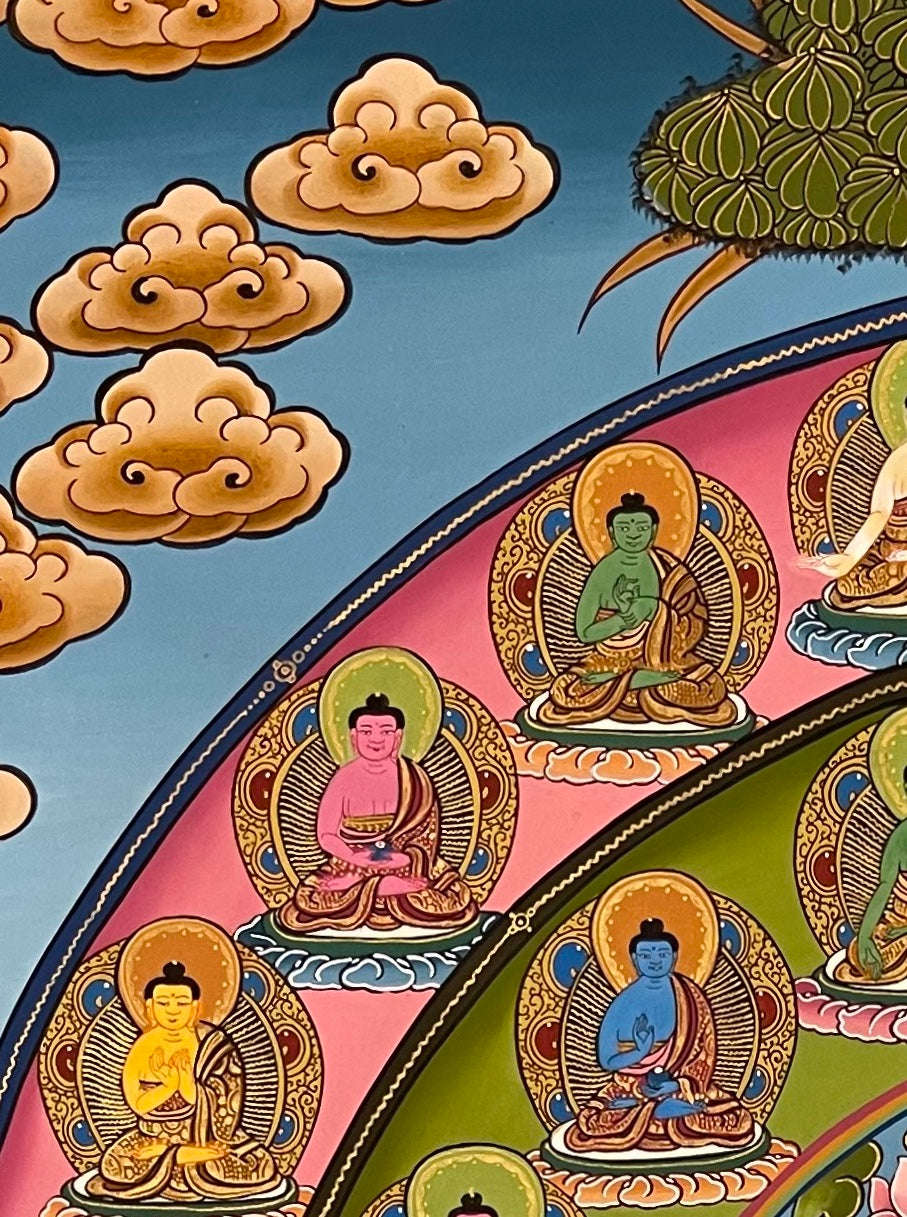 Shakyamuni Buddha thangka, detail: top-left corner