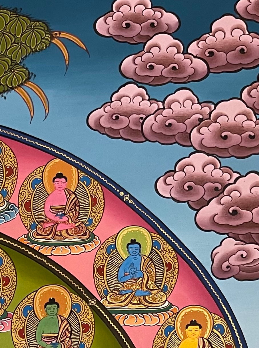 Shakyamuni Buddha thangka, detail: top-right corner