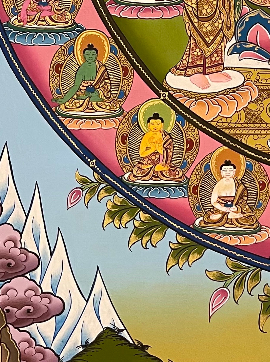 Shakyamuni Buddha thangka, detail: bottom-left corner