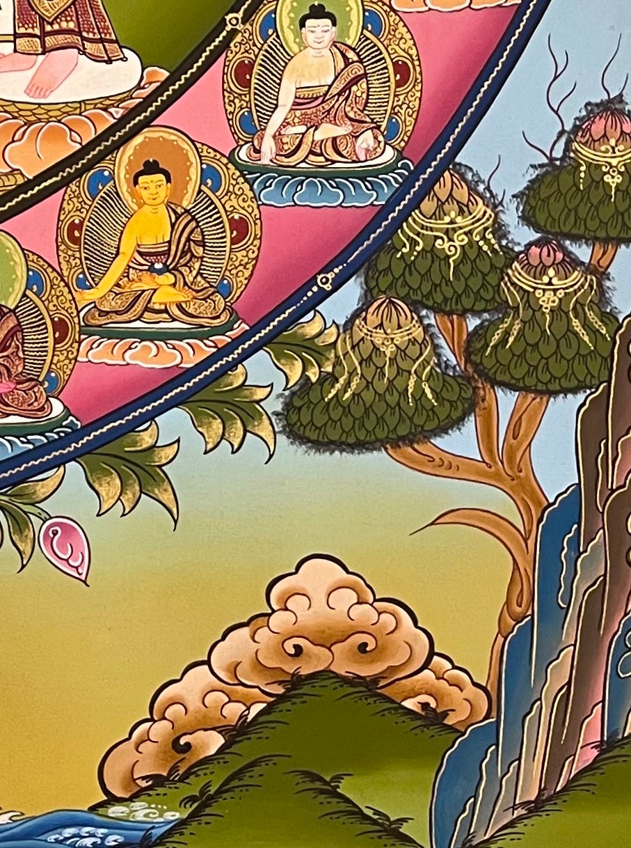 Shakyamuni Buddha thangka, detail: bottom-right corner