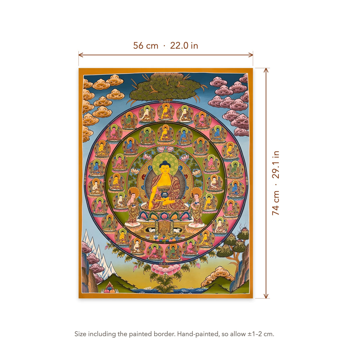 Size diagram: 56 × 74 cm (22.0 × 29.1 in), including the painted border