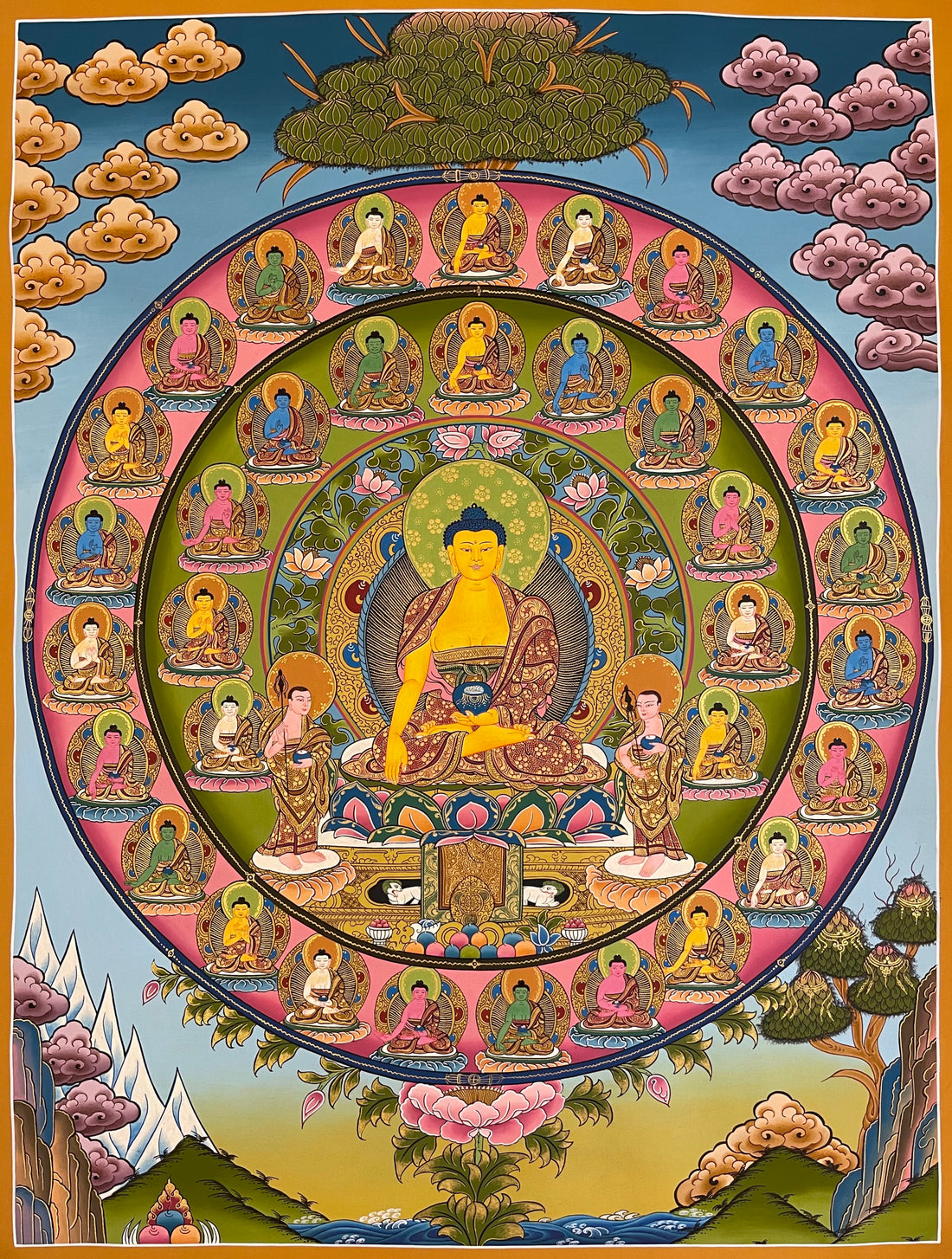 Shakyamuni Buddha thangka, 56×74 cm: Shakyamuni with two disciples inside two rings of small Buddhas, beneath a tree