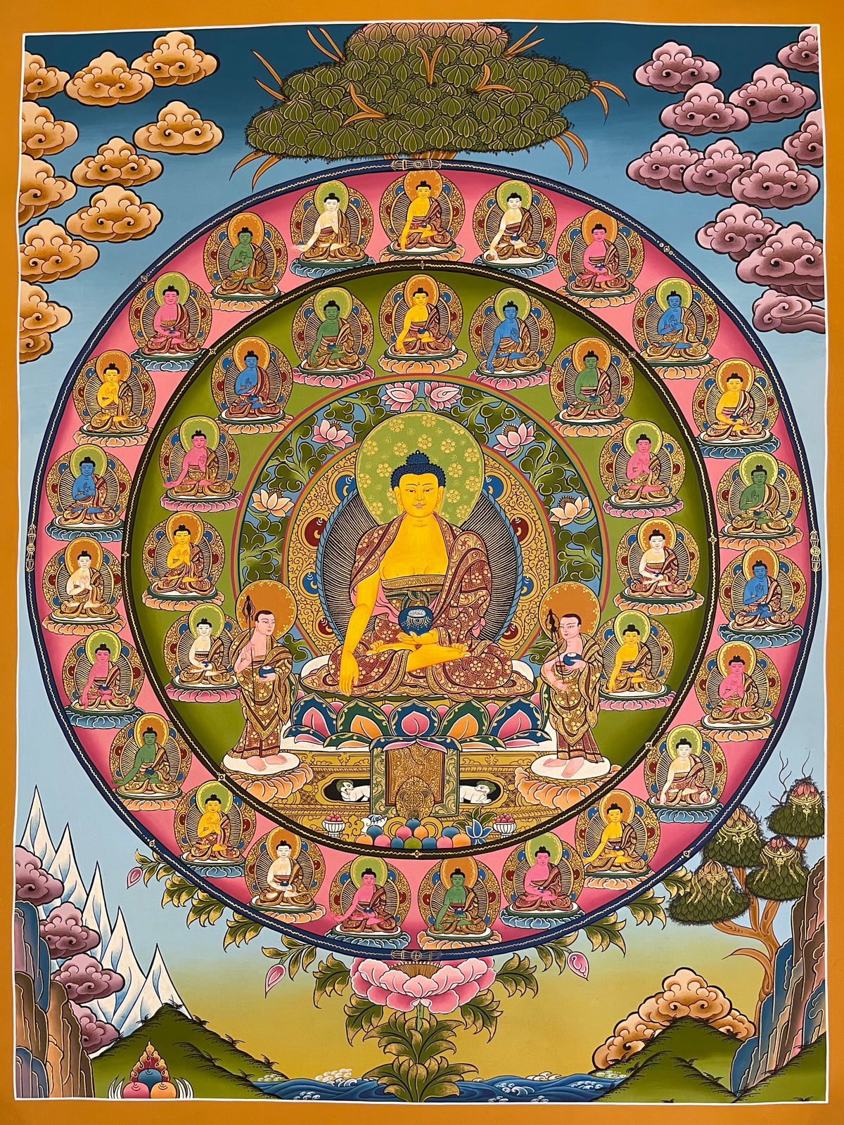 Shakyamuni Buddha thangka, 56×74 cm: Shakyamuni with two disciples inside two rings of small Buddhas, beneath a tree