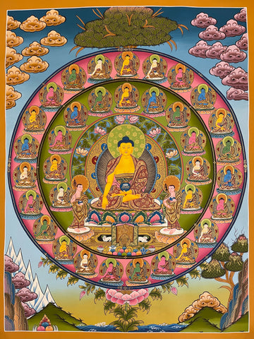 Shakyamuni Buddha thangka, 56×74 cm: Shakyamuni with two disciples inside two rings of small Buddhas, beneath a tree