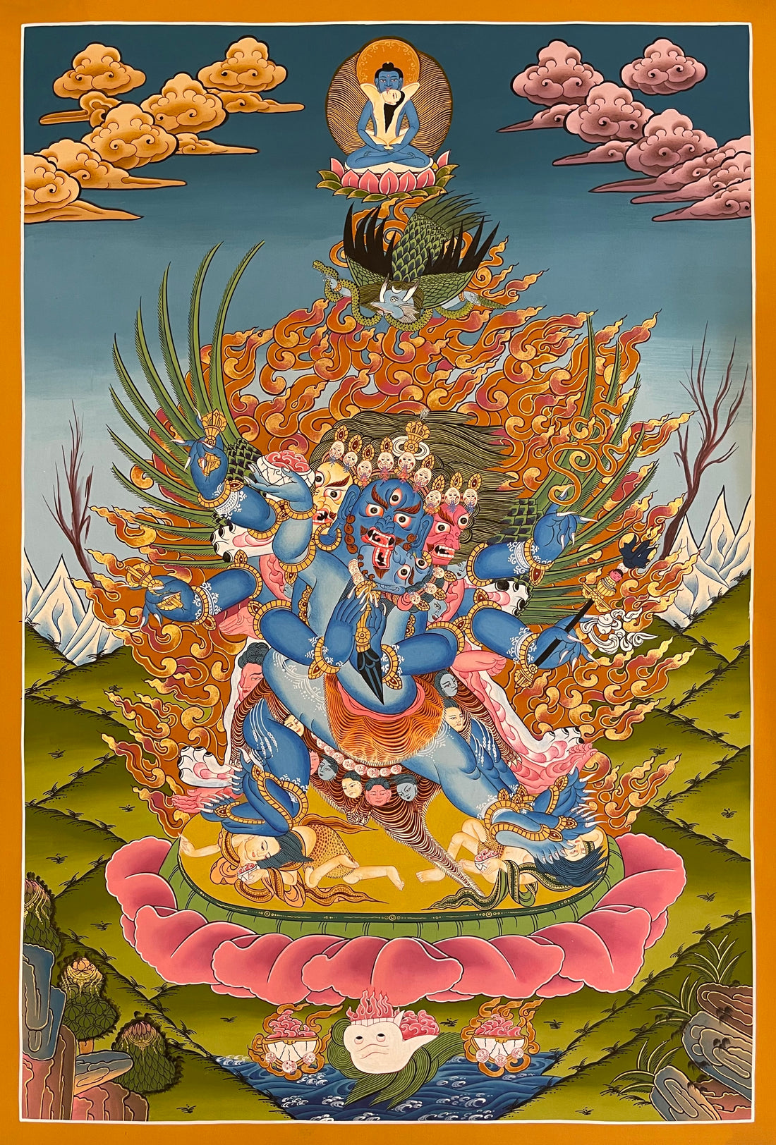 Vajrakilaya thangka, 50×71 cm: winged three-faced Vajrakilaya with consort, rolling a ritual dagger, before orange flames