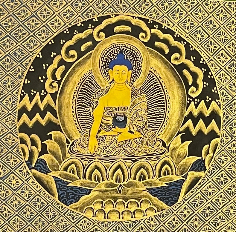 Shakyamuni Mandala thangka, 55×55 cm: Shakyamuni Buddha at the heart of a gold-coloured palace mandala on a sparkling black ground