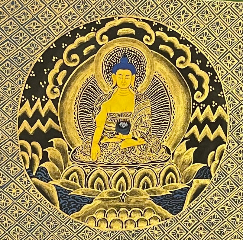 Shakyamuni Mandala thangka, 55×55 cm: Shakyamuni Buddha at the heart of a gold-coloured palace mandala on a sparkling black ground