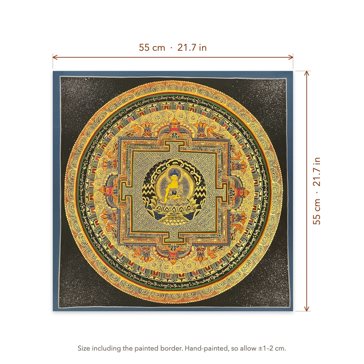 Size diagram: 55 × 55 cm (21.7 × 21.7 in), including the painted border