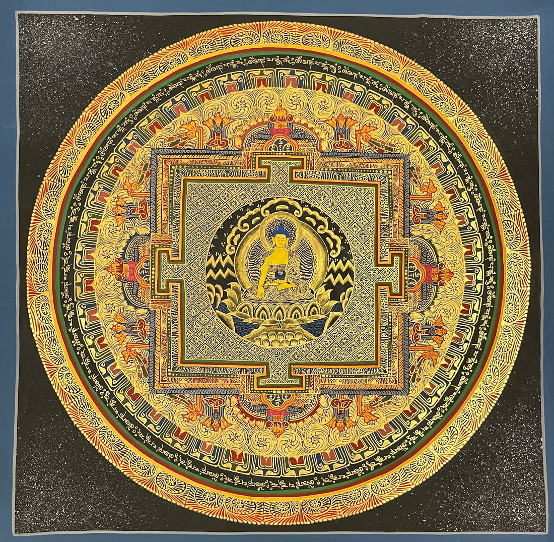 Shakyamuni Mandala thangka, 55×55 cm: Shakyamuni Buddha at the heart of a gold-coloured palace mandala on a sparkling black ground