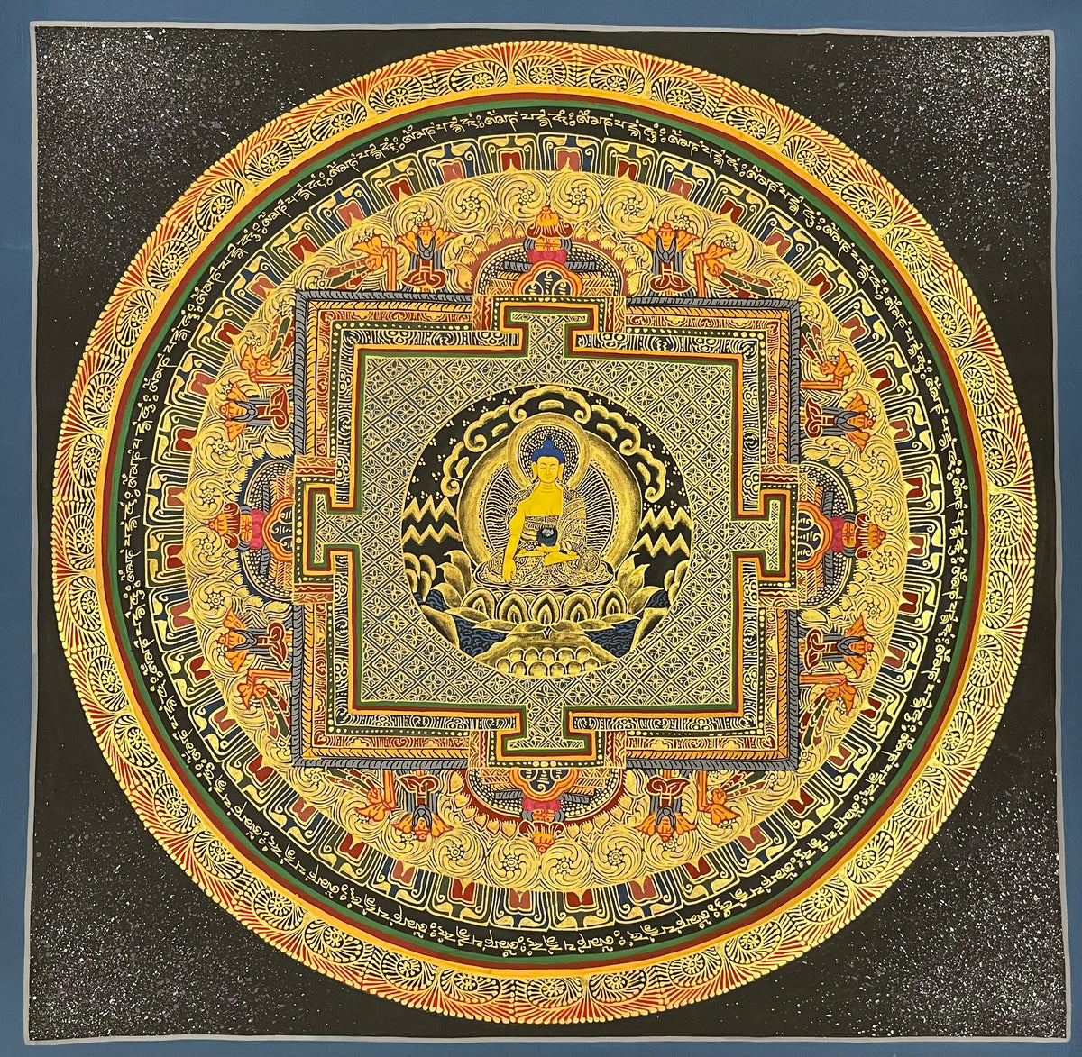Shakyamuni Mandala thangka, 55×55 cm: Shakyamuni Buddha at the heart of a gold-coloured palace mandala on a sparkling black ground