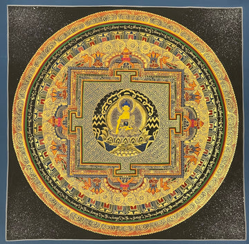 Shakyamuni Mandala thangka, 55×55 cm: Shakyamuni Buddha at the heart of a gold-coloured palace mandala on a sparkling black ground