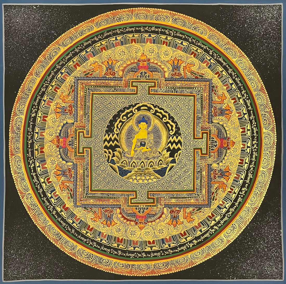 Shakyamuni Mandala thangka, 55×55 cm: Shakyamuni Buddha at the heart of a gold-coloured palace mandala on a sparkling black ground