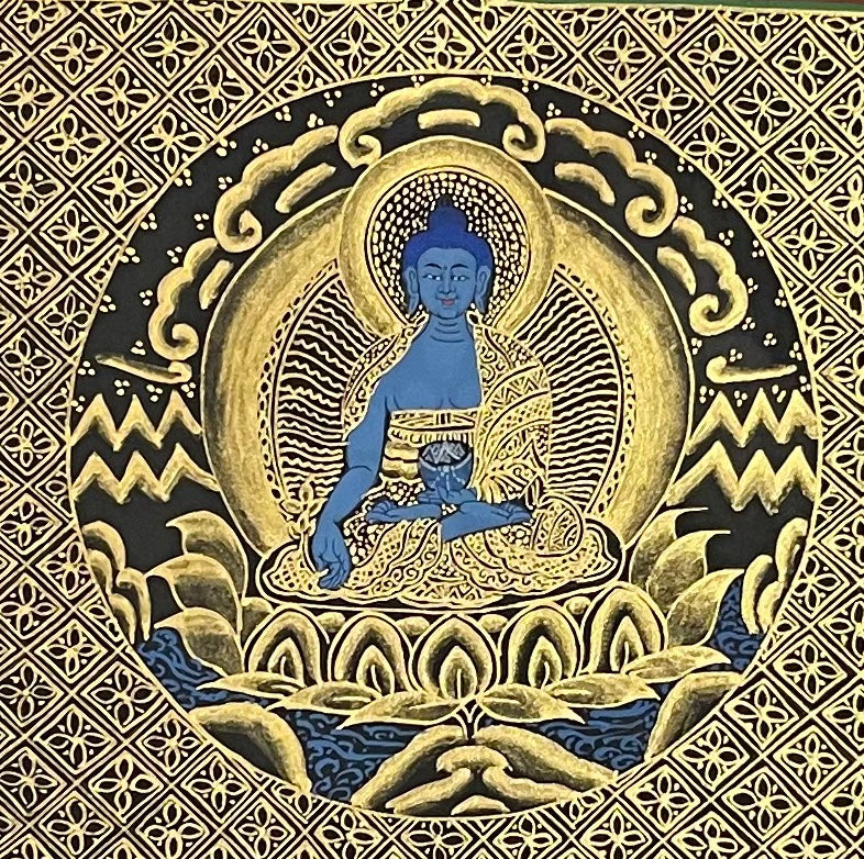 Medicine Buddha Mandala thangka, 55×55 cm: blue Medicine Buddha at the heart of a gold-coloured palace mandala