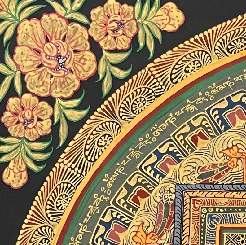 Medicine Buddha Mandala thangka, detail: top-left corner
