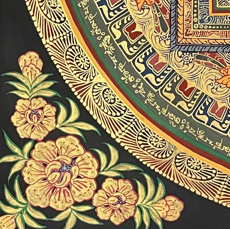 Medicine Buddha Mandala thangka, detail: bottom-left corner