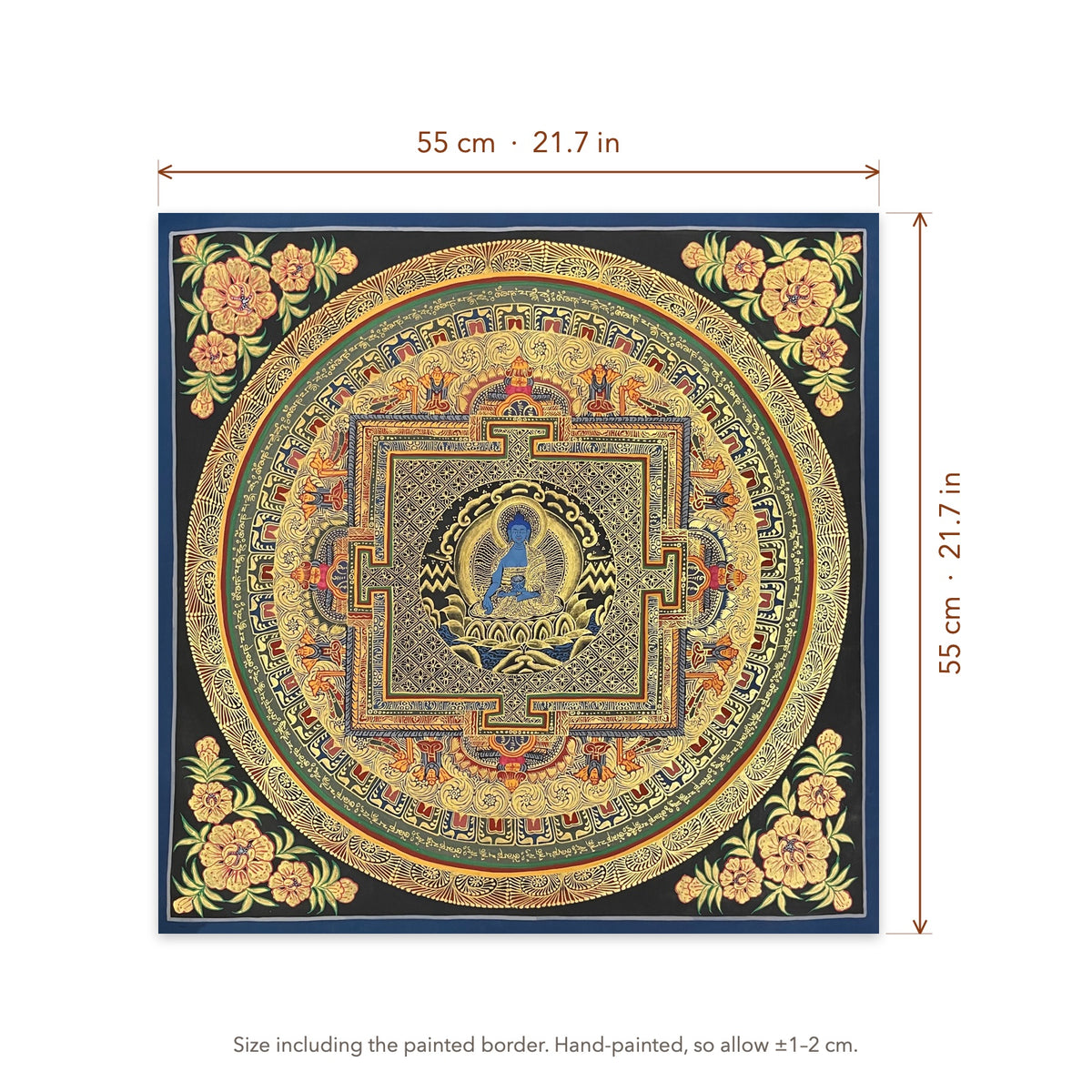 Size diagram: 55 × 55 cm (21.7 × 21.7 in), including the painted border