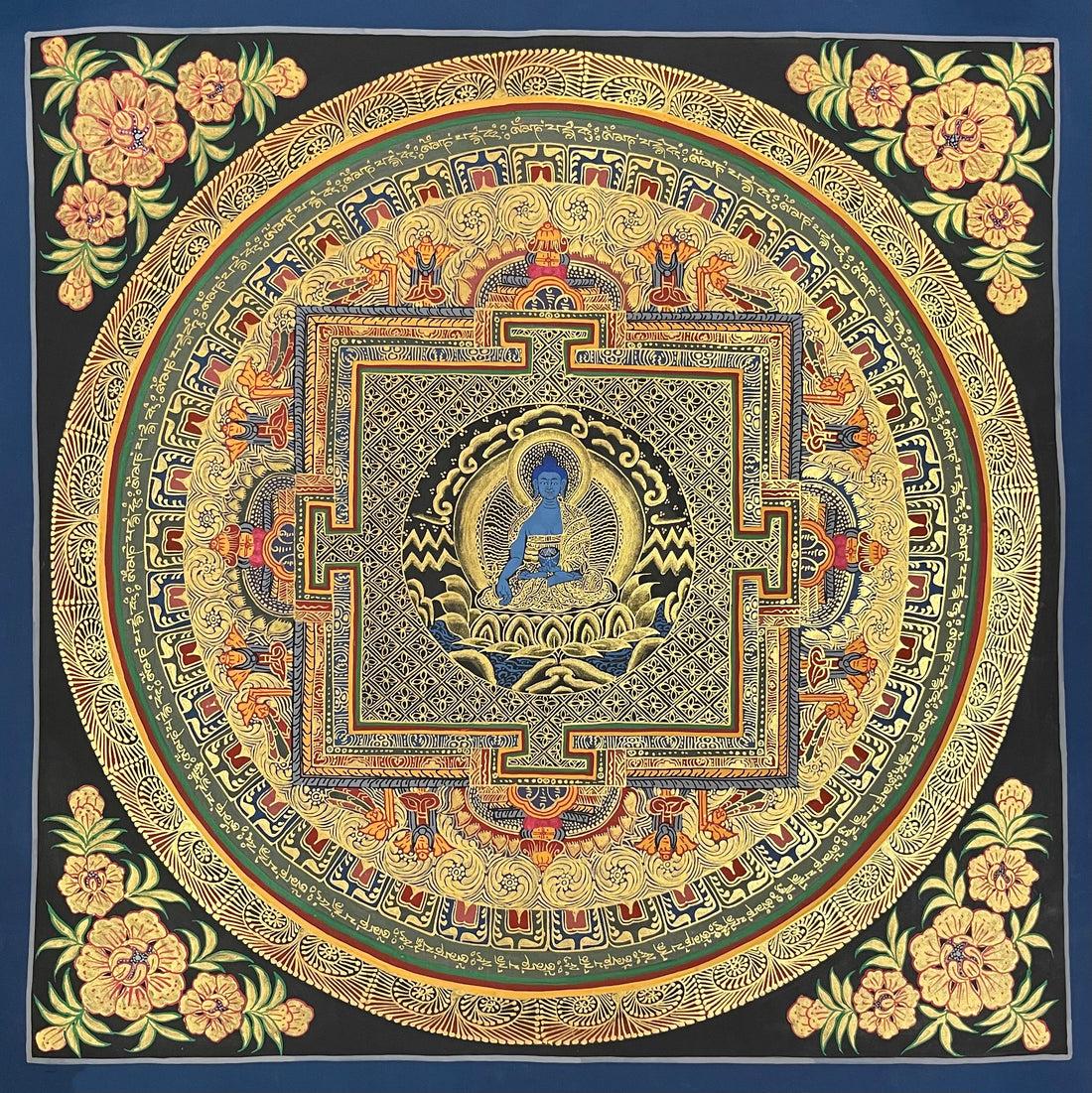 Medicine Buddha Mandala thangka, 55×55 cm: blue Medicine Buddha at the heart of a gold-coloured palace mandala