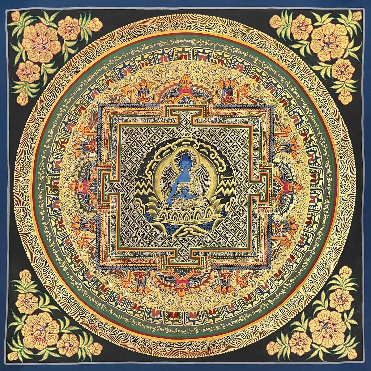 Medicine Buddha Mandala thangka, 55×55 cm: blue Medicine Buddha at the heart of a gold-coloured palace mandala