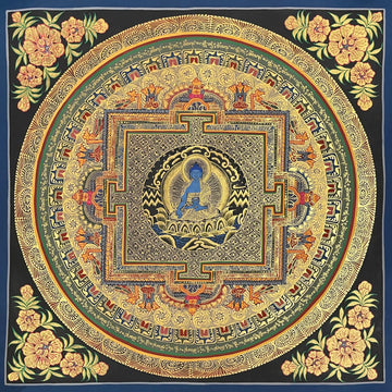 Medicine Buddha Mandala thangka, 55×55 cm: blue Medicine Buddha at the heart of a gold-coloured palace mandala