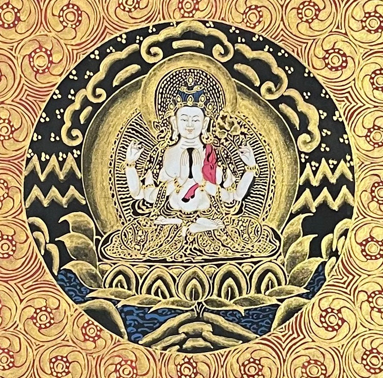 Chenrezig Mandala thangka, 55×55 cm: four-armed Chenrezig at the heart of a gold-coloured palace mandala on a sparkling black ground