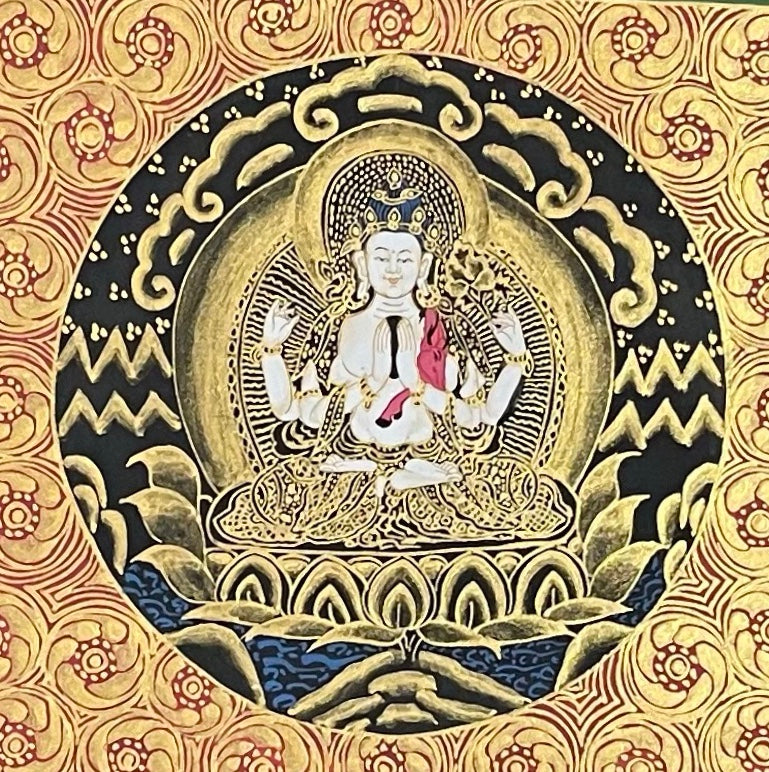 Chenrezig Mandala thangka, 55×55 cm: four-armed Chenrezig at the heart of a gold-coloured palace mandala on a sparkling black ground